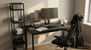 AIで生成した、ノートPCと24インチモニターを並べた黒基調のエンジニアデスクの完成イメージ