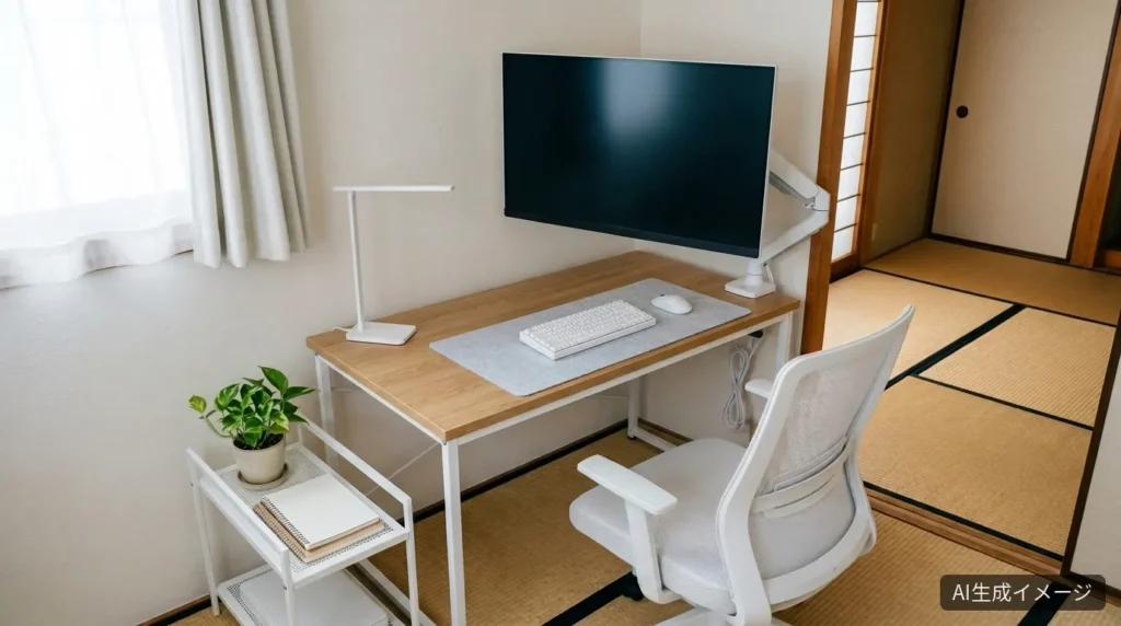 AIで生成した、6畳の部屋に置いた木目と白のコンパクトデスクの完成イメージ
