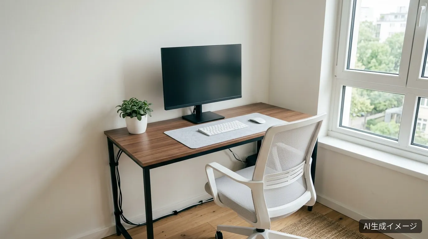 AIで生成した、一人暮らしの部屋に置いた木目と白の省スペースデスクの完成イメージ