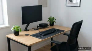 AIで生成した、ミニPCとUSB-Cハブを置いた木目と黒のエンジニア向けデスクの完成イメージ