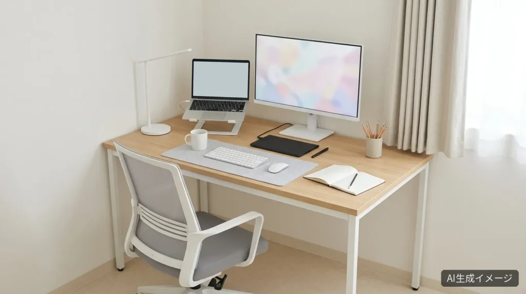 AIで生成した、部屋の角に置いた白と木目のデスクに白いモニターとペンタブレットを並べたクリエイター向けデスクの完成イメージ