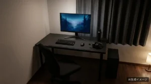 AIで生成した、夜の部屋の角に置いた黒で統一したゲーミングデスクの完成イメージ