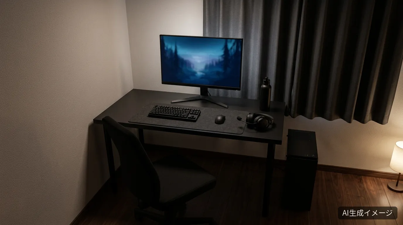 AIで生成した、夜の部屋の角に置いた黒で統一したゲーミングデスクの完成イメージ