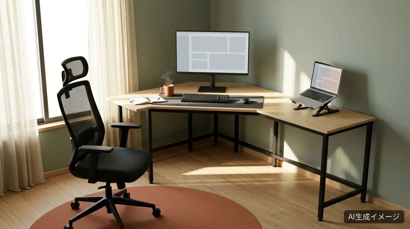 AIで生成した部屋の角に置いたL字デスクと27インチモニター・ノートPCの作業デスクの完成イメージ