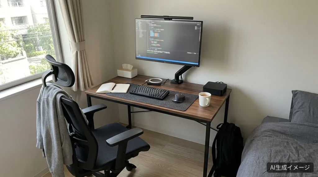 AIで生成した、6畳の部屋の窓際に置いた幅100cmの木目と黒のコンパクトデスクにミニPCと27インチモニターを置いたデスクの完成イメージ