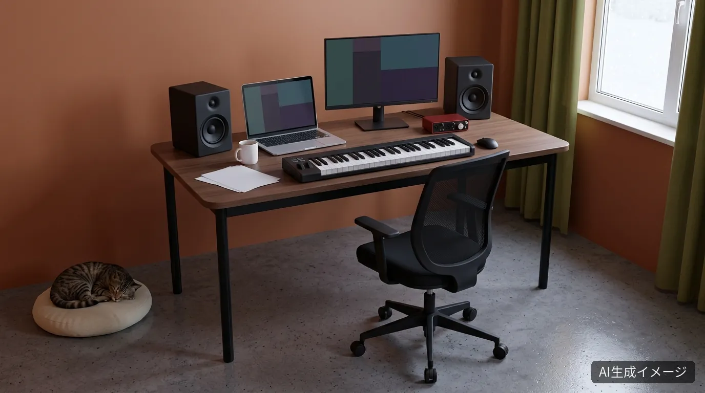 AIで生成した、濃い木目の天板に49鍵のMIDIキーボードと黒いスピーカー2台、赤いオーディオインターフェイスを並べたDTM用デスクの完成イメージ