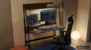 AIで生成した上棚付きデスクと23.8インチモニター・ノートPCで組んだ在宅ワークデスクの完成イメージ