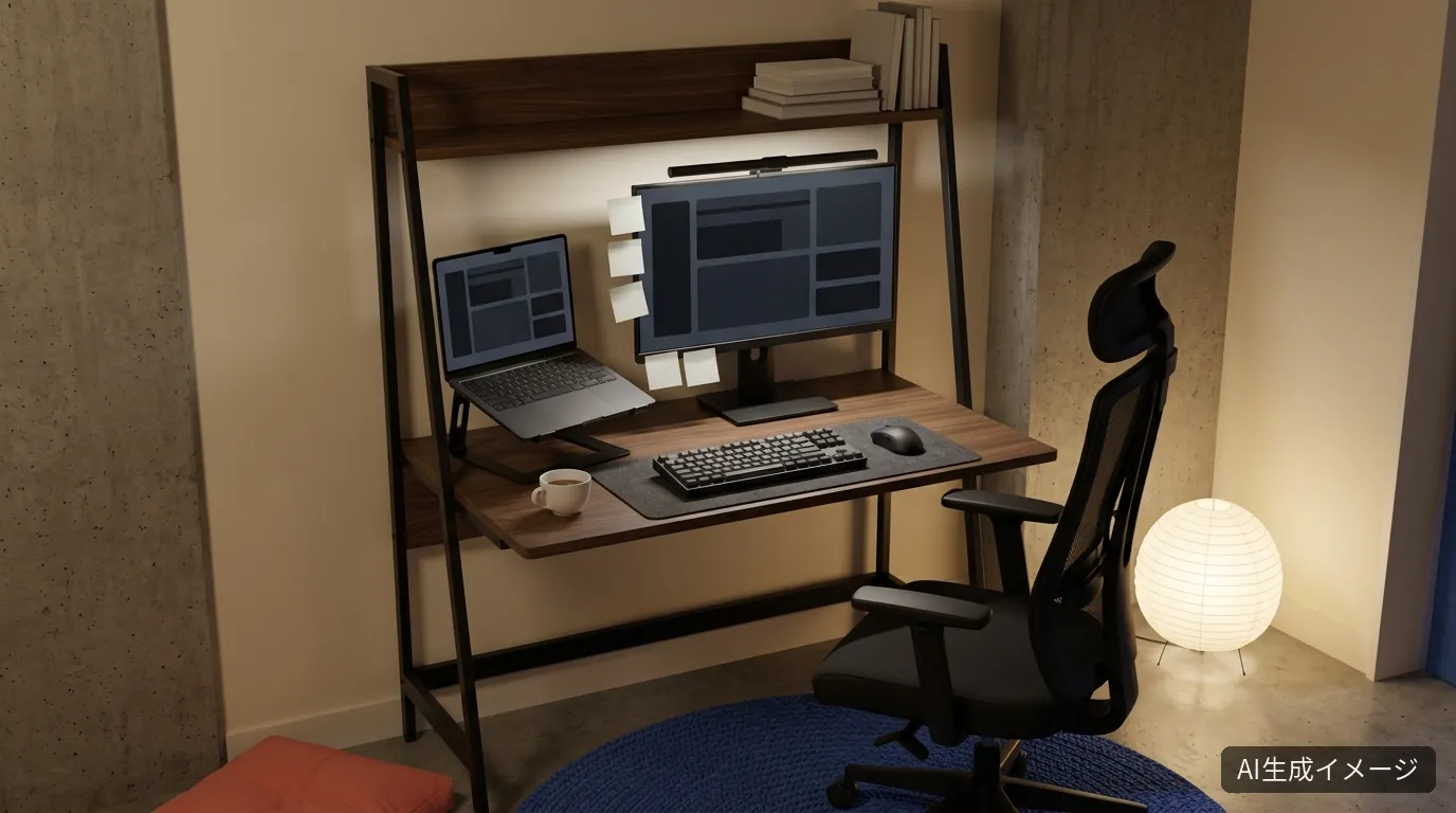 AIで生成した上棚付きデスクと23.8インチモニター・ノートPCで組んだ在宅ワークデスクの完成イメージ