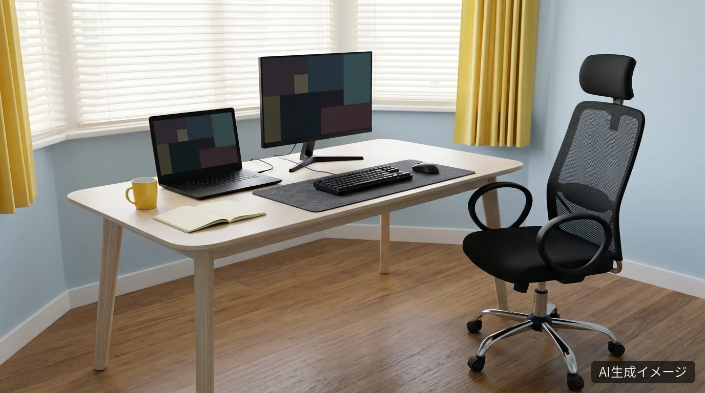 AIで生成した木製テーブルにノートPCと黒いモニターを並べたゲーミングデスクの完成イメージ