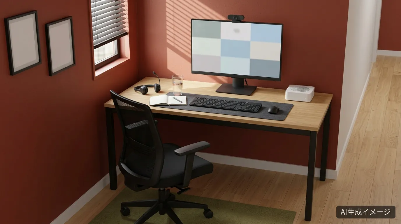 AIで生成した、木目天板と黒い脚のデスクに白いミニPCと24インチモニター、Webカメラとヘッドセットを置いた在宅ワークデスクの完成イメージ