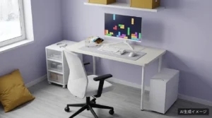 AIで生成した、ラベンダーの壁の部屋に置いた白い天板と白い脚のゲーミングデスクの完成イメージ