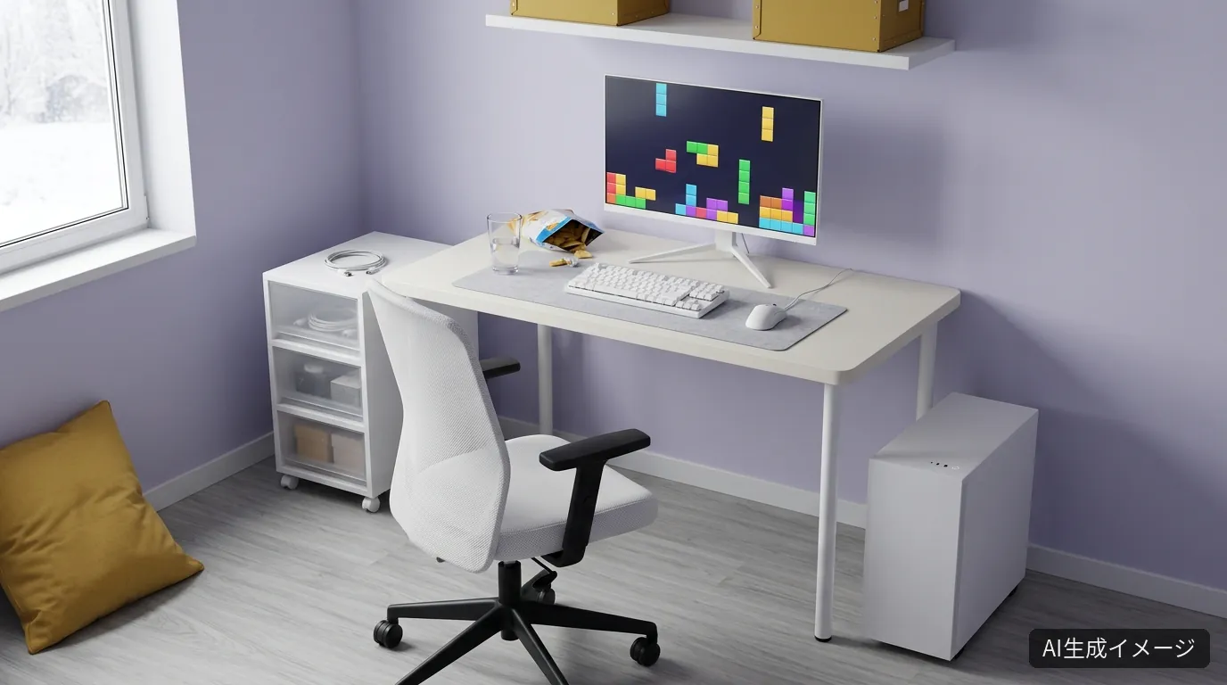 AIで生成した、ラベンダーの壁の部屋に置いた白い天板と白い脚のゲーミングデスクの完成イメージ