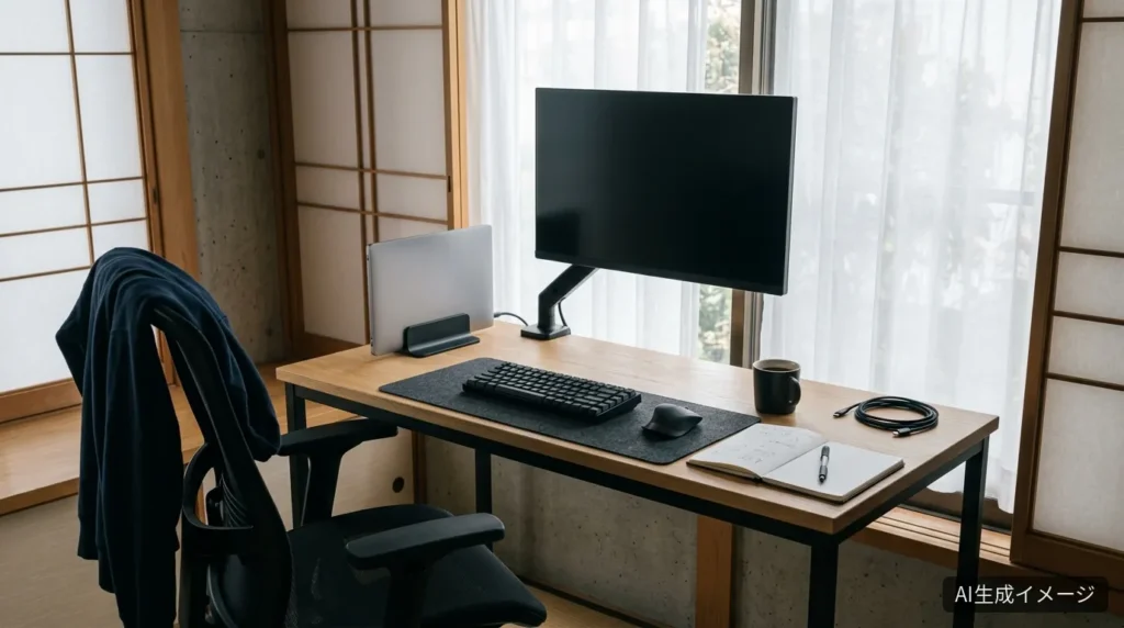 AIで生成した木目調エンジニアデスクの完成イメージ